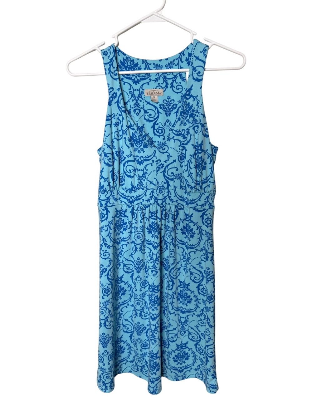 TEHAMA Blue Damask Print Pullover Sleeveless Dress Size S